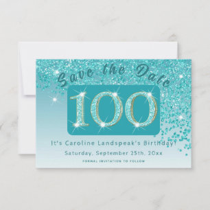 Glanzende Blauwgroen Blue Glitter voor 100e verjaa Save The Date