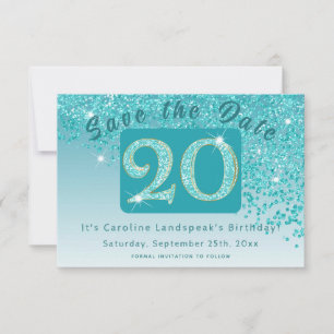 Glanzende Blauwgroen Blue Glitter voor 20e verjaar Save The Date