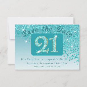 Glanzende Blauwgroen Blue Glitter voor 21e verjaar Save The Date