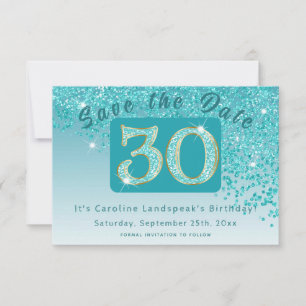 Glanzende Blauwgroen Blue Glitter voor 30e verjaar Save The Date