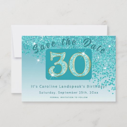 Glanzende Blauwgroen Blue Glitter voor 30e verjaar Save The Date (Voorkant)