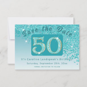Glanzende Blauwgroen Blue Glitter voor 50e verjaar Save The Date