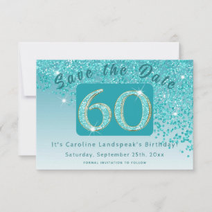 Glanzende Blauwgroen Blue Glitter voor 60e verjaar Save The Date