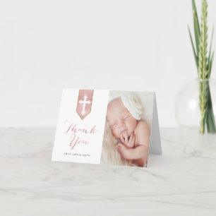 Glanzende Blush Script Doop Gevouwen Dank u Foto Kaart