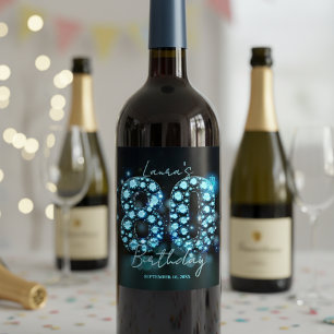Glanzende Elegante Turquoise Diamanten 80e Verjaar Wijn Etiket
