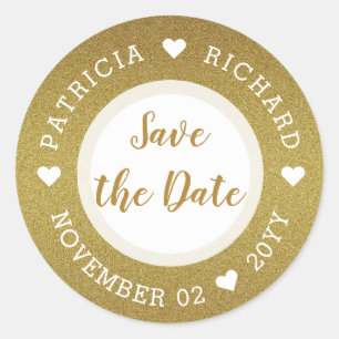 Glanzende Gouden Glitter Bruiloft Save The Date Ronde Sticker