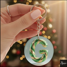 Glanzende groene gouden glinster gestreepte letter sleutelhanger