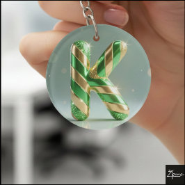 Glanzende groene gouden glinster gestreepte letter sleutelhanger