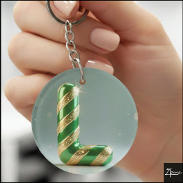 Glanzende groene gouden glitter gestreepte letter sleutelhanger