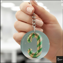 Glanzende groene gouden glitter gestreepte letter sleutelhanger