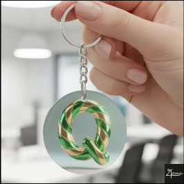 Glanzende groene gouden glitter gestreepte letter sleutelhanger
