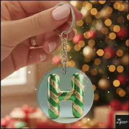 Glanzende groene gouden glitters gestreepte letter sleutelhanger