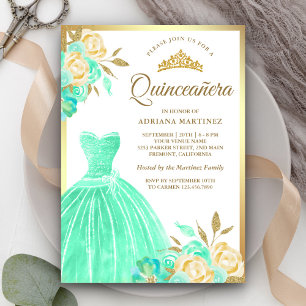 Glanzende jurk mintgroene bloemen goud Quinceanera Kaart