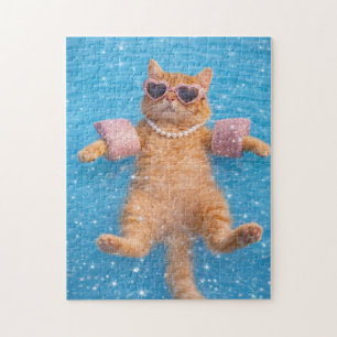 Glanzende kat bij het zwembad drijft in stijl legpuzzel