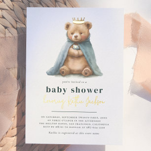 Glanzende Koninklijke Teddybeer Prins Jongen Baby Folie Uitnodiging