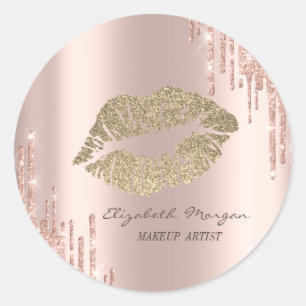 Glanzende Lippen,Roze Gouden Druppels Ronde Sticker