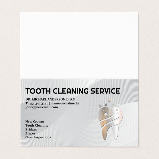 Glanzende metalen tand Logo | tandheelkunde Visitekaartjes (Buitenkant ongevouwen)