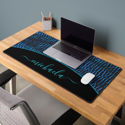 Glanzende metallic neon blauw abstracte aangepaste bureaumat (Kantoor 2)