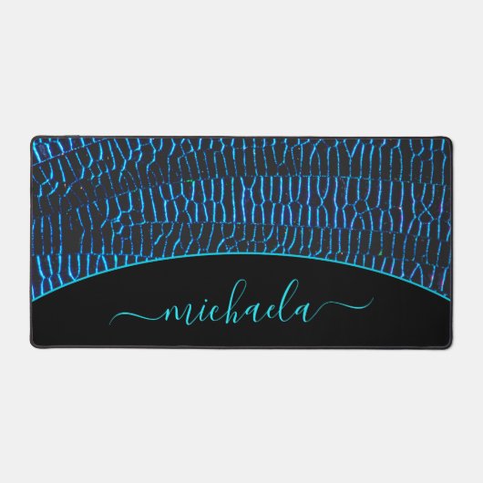 Glanzende metallic neon blauw abstracte aangepaste bureaumat (Voorkant)