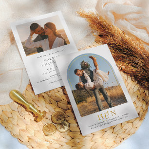 Glanzende Minimale Initiaal Boho Boog 2 Foto Huwel Folie Uitnodiging