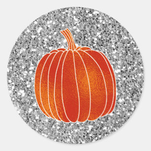 Glanzende Oranje Herfst Pompoen Zilveren Glitter F Ronde Sticker