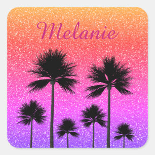 Glanzende Palmboomgradiënt Zonsondergang Persoonli Vierkante Sticker