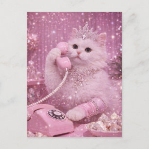 Glanzende Prinses Kat Gebruikt Roze Telefoon       Briefkaart
