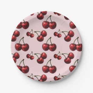 Glanzende Rode Kersen Roze Retro Feest Papieren Bordje