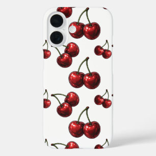 Glanzende Rode Kersen Witte Retro iPhone 16 Hoesje