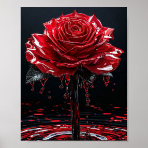 Glanzende Rode Roos met Dauwdruppels Romantisch Poster