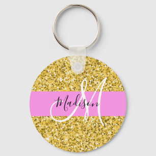 Glanzende roze en gouden glitters Monogram naam Sleutelhanger
