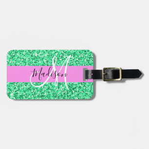 Glanzende roze en groene glinsterende monogramnaam bagagelabel