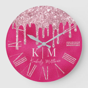 Glanzende Roze Glitter Monogram Initialen Grote Klok