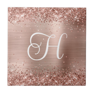 Glanzende Roze Gouden Glitter en Folie Monogram Tegeltje