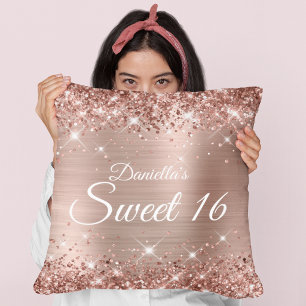 Glanzende Roze Gouden Glitter en Folie Sweet 16 Kussen