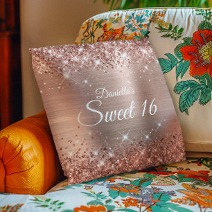 Glanzende Roze Gouden Glitter en Folie Sweet 16 Kussen