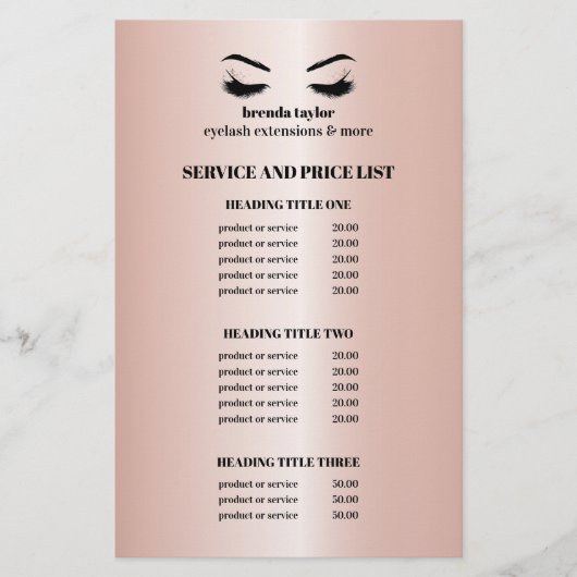 Glanzende roze Gouden WIMPERSALON SERVICE LIJST Flyer (Voorkant)