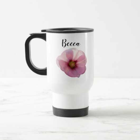 Glanzende roze Hollyhock Flower Personalized Reisbeker (Links)