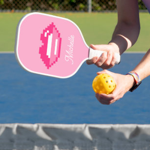 Glanzende roze lippen mond logo op maat pickleball paddle