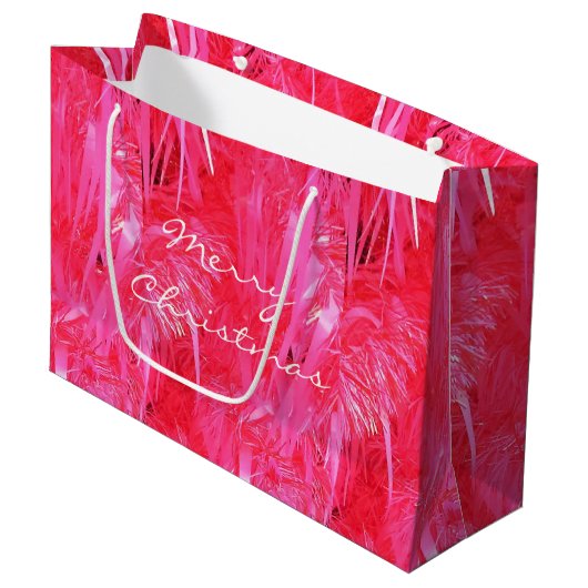 Glanzende roze Merry Christmas Gift Bag Custom Large Cadeautasje (Voorkant Gekanteld)