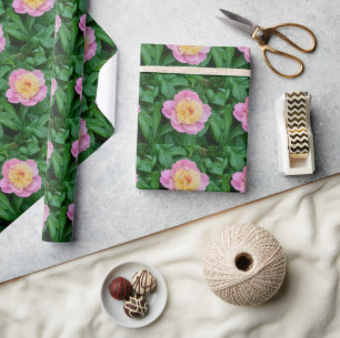 Glanzende Roze Pioen met Groene Bladeren Knutselwe Cadeaupapier