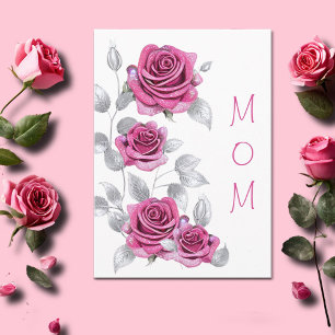 Glanzende Roze Rozen met Zilveren Moederdag  Kaart