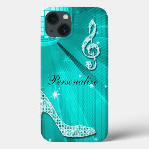 Glanzende Turquoise Muzieknote & Stiletto Hak iPhone 13 Hoesje