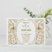 Glanzende Witte Goud Art Deco Pauw Galabanket Kaart (Staand voorkant)