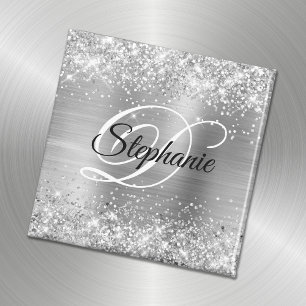 Glanzende Zilveren Glitter Folie Fantasie Monogram Magneet