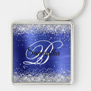 Glanzende Zilveren Glitter Saffier Blauwe Folie Mo Sleutelhanger