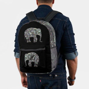 Glanzende zilveren mozaïek Olifant Monogram op zwa Bedrukte Rugzak