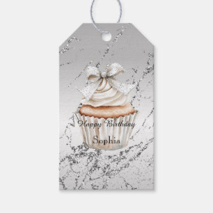 Glanzende Zilveren Witte Cupcake Boog Verjaardag Cadeaulabel