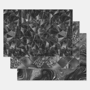 Glanzende zwarte en zilveren glinsterende patronen inpakpapier vel