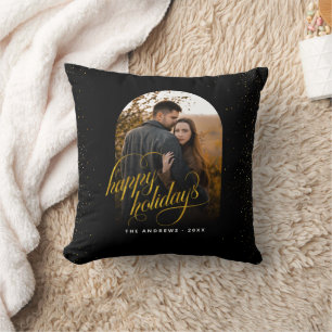 Glanzende Zwarte & Gouden Glitter Kerstboog Foto Kussen